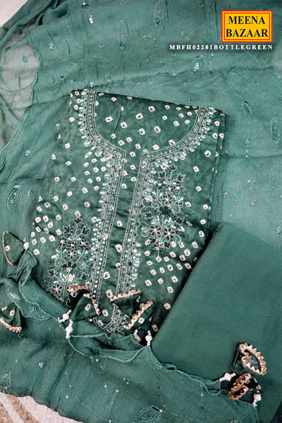 Bottle Green Cotton Bandhej Printed Unstitched Suit