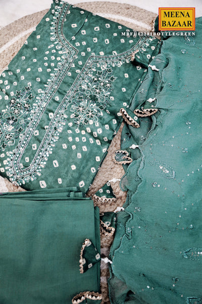 Bottle Green Cotton Bandhej Printed Unstitched Suit