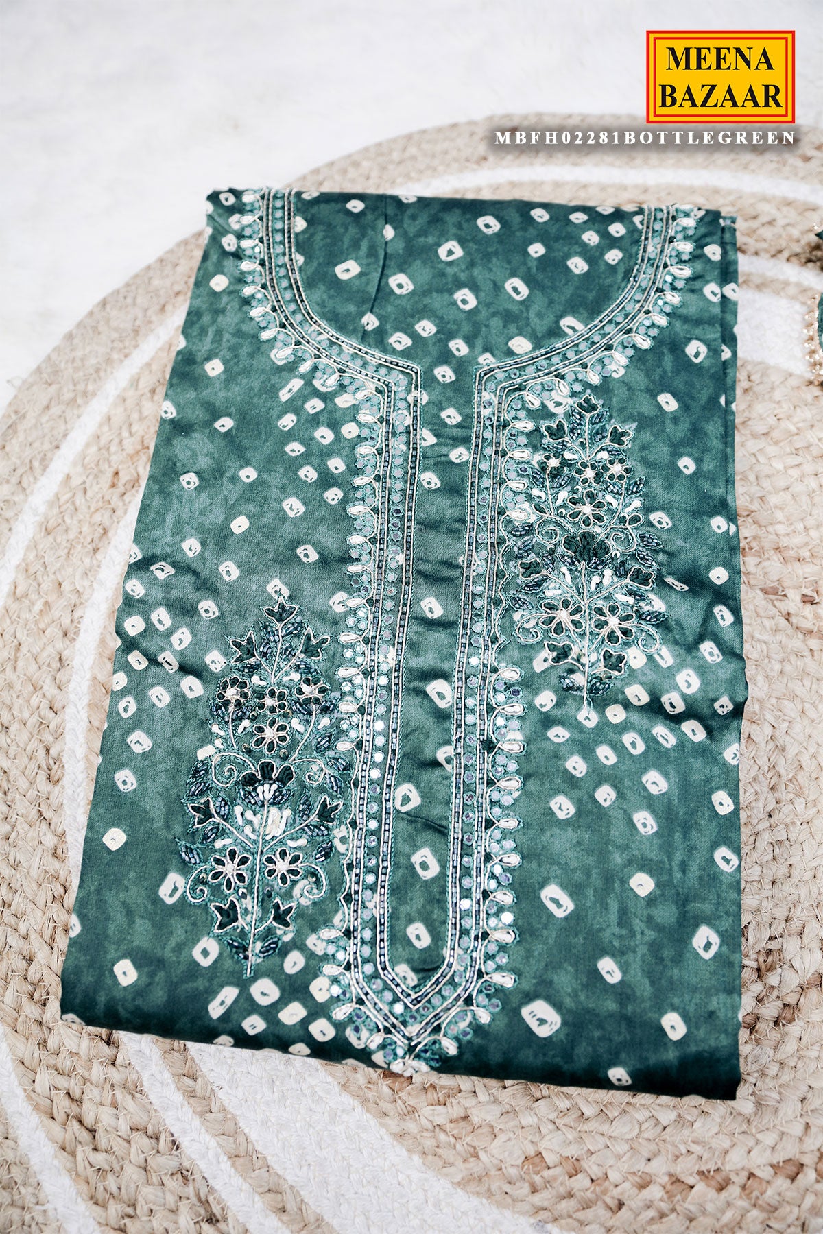 Bottle Green Cotton Bandhej Printed Unstitched Suit