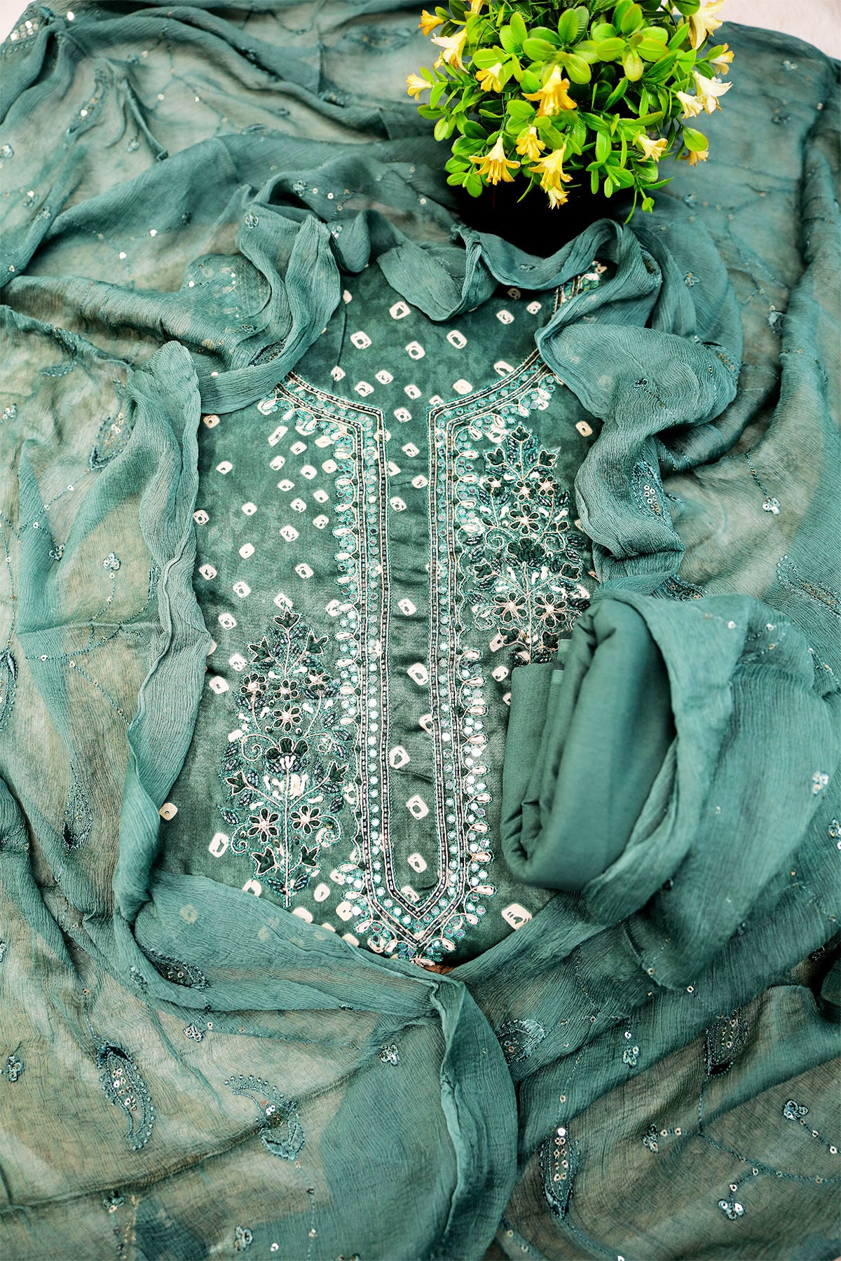 Bottle Green Cotton Bandhej Printed Unstitched Suit