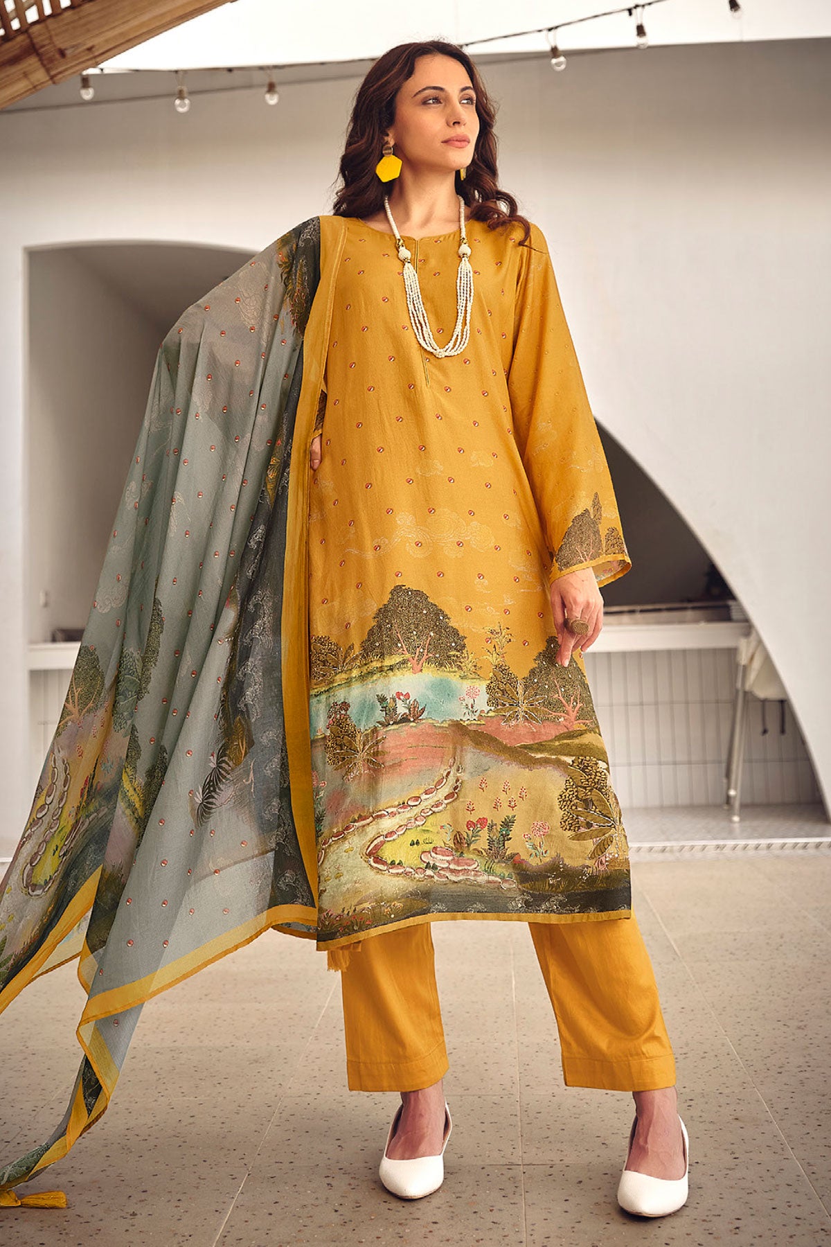 Mustard Muslin Silk Digital Printed Embroidered Unstitched Suit