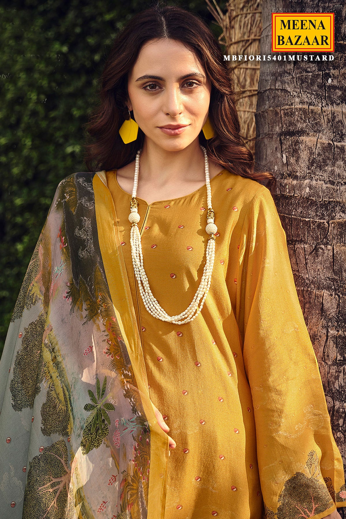 Mustard Muslin Silk Digital Printed Embroidered Unstitched Suit