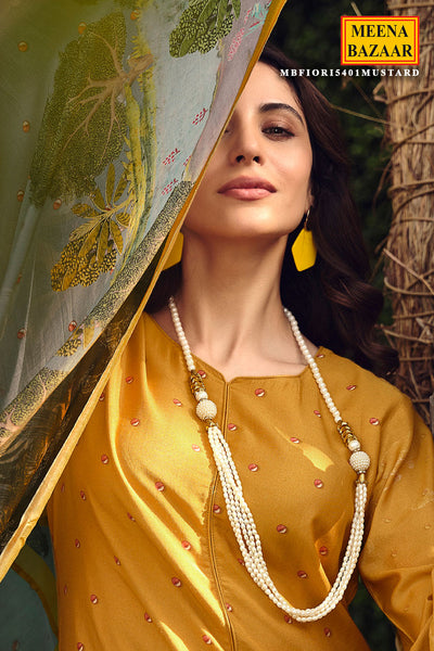 Mustard Muslin Silk Digital Printed Embroidered Unstitched Suit