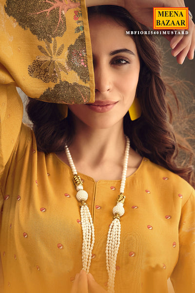 Mustard Muslin Silk Digital Printed Embroidered Unstitched Suit