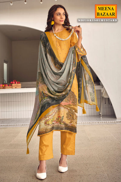 Mustard Muslin Silk Digital Printed Embroidered Unstitched Suit