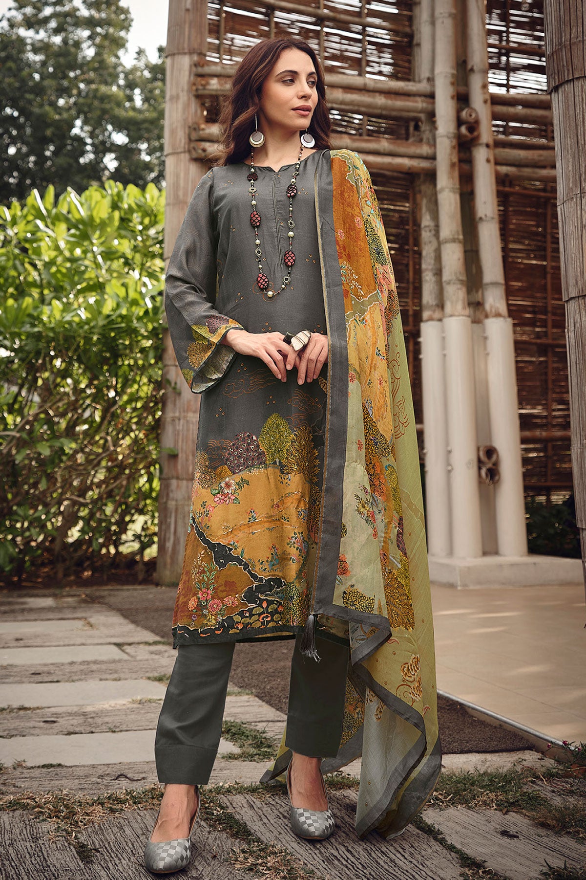 Grey Muslin Silk Digital Printed Embroidered Unstitched Suit