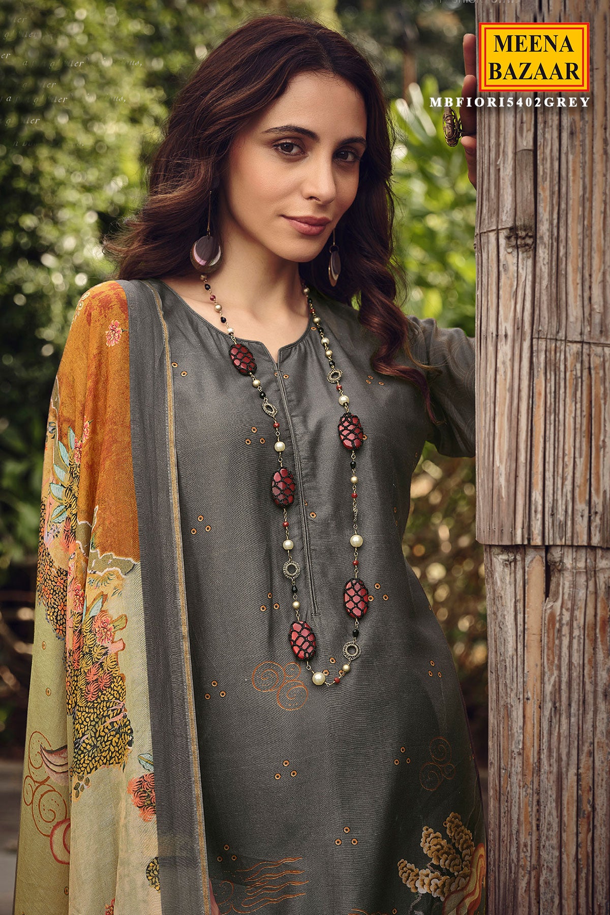 Grey Muslin Silk Digital Printed Embroidered Unstitched Suit