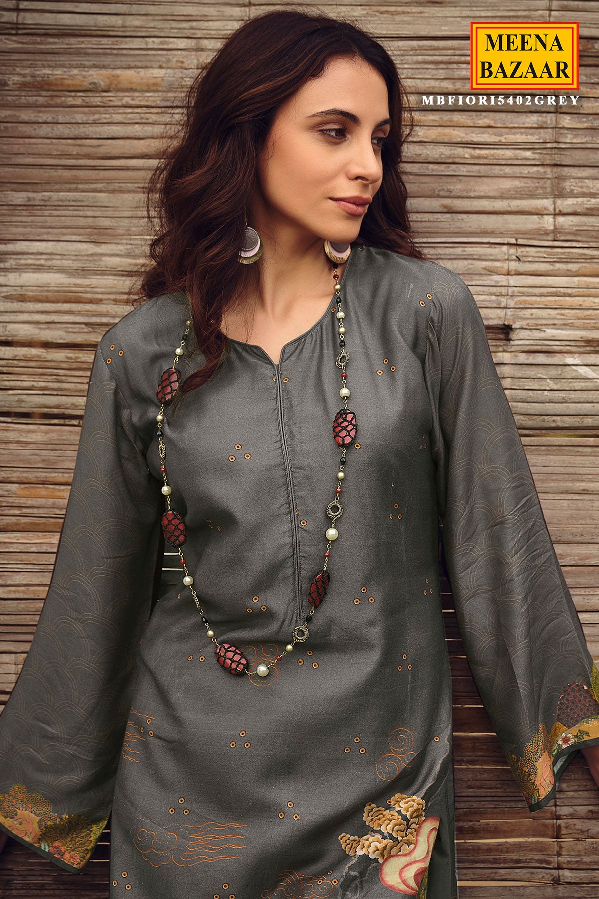 Grey Muslin Silk Digital Printed Embroidered Unstitched Suit