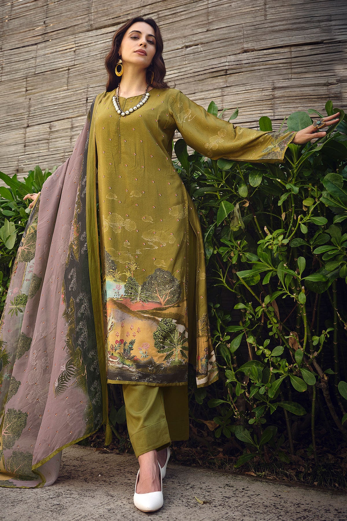 Mehandi Muslin Silk Digital Printed Embroidered Unstitched Suit