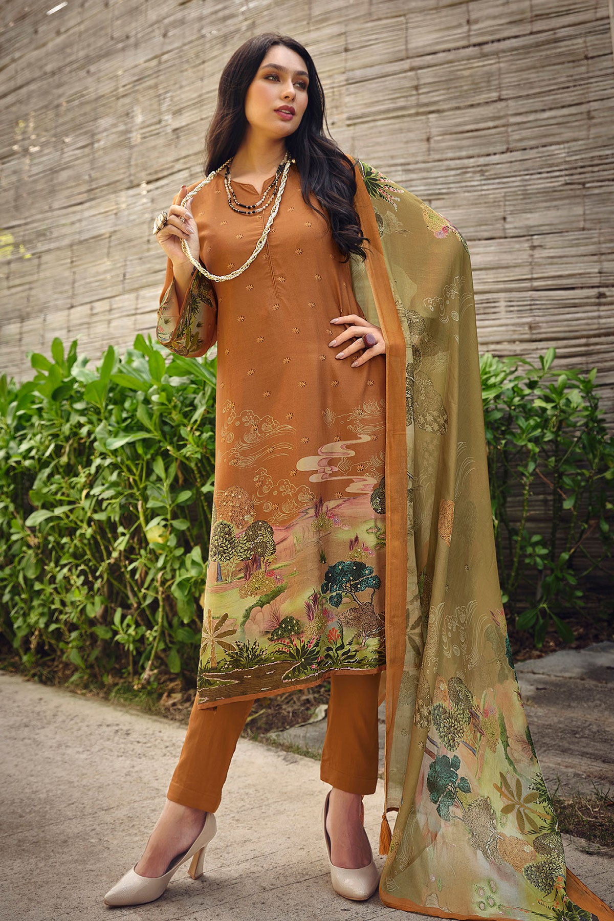 Bronze Brown Muslin Silk Digital Printed Embroidered Unstitched Suit