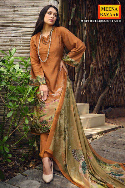 Bronze Brown Muslin Silk Digital Printed Embroidered Unstitched Suit