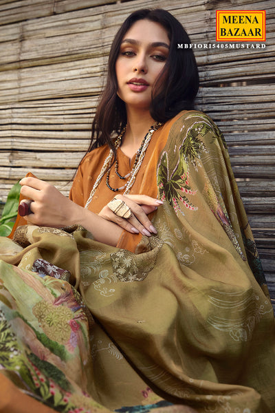 Bronze Brown Muslin Silk Digital Printed Embroidered Unstitched Suit