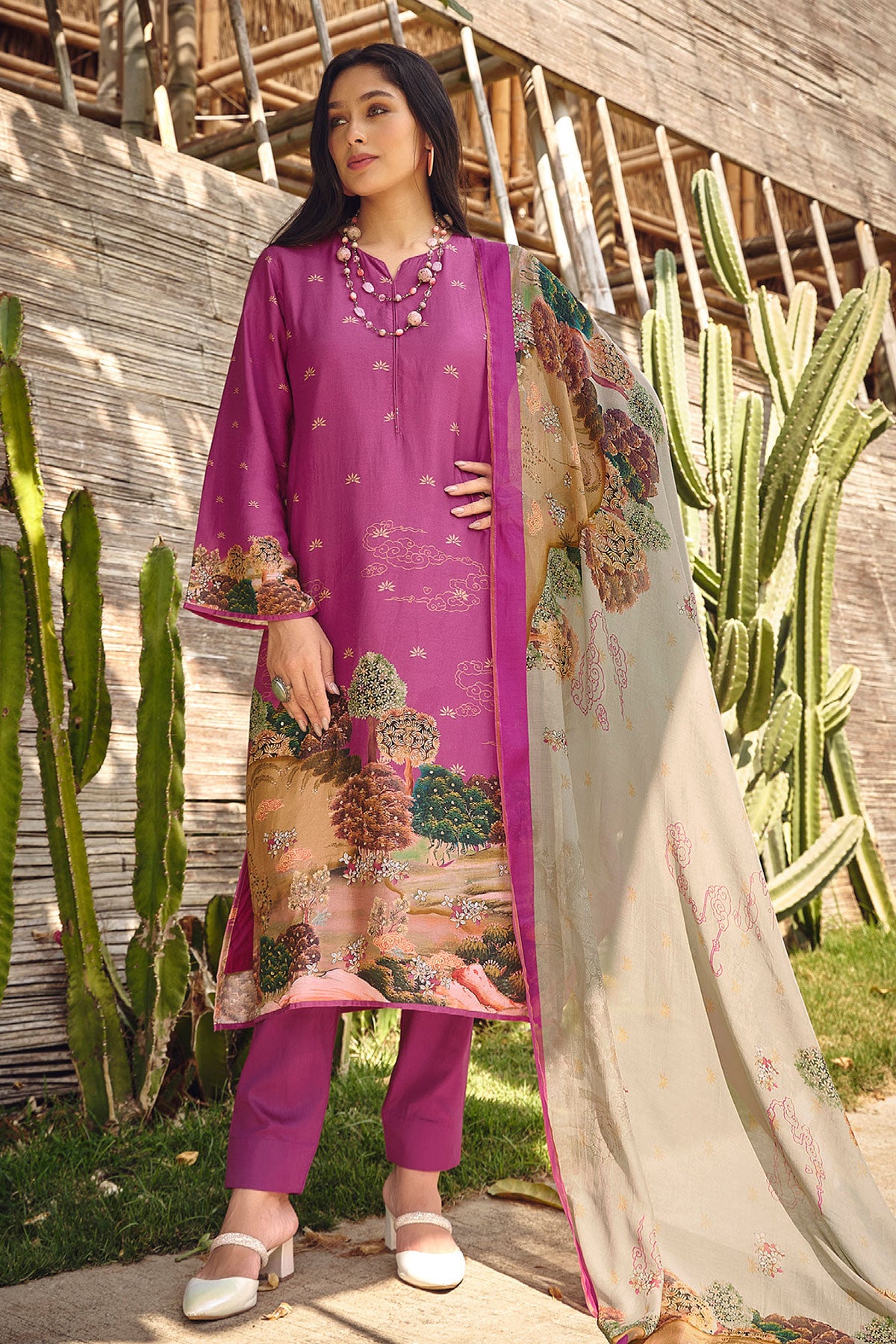 Magenta Muslin Silk Digital Printed Embroidered Unstitched Suit