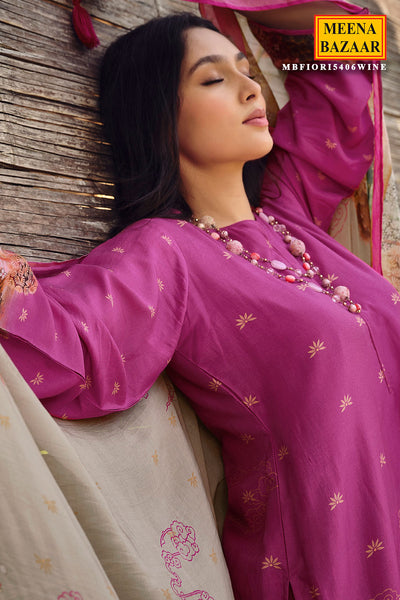 Magenta Muslin Silk Digital Printed Embroidered Unstitched Suit