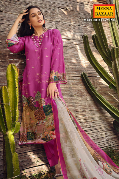 Magenta Muslin Silk Digital Printed Embroidered Unstitched Suit