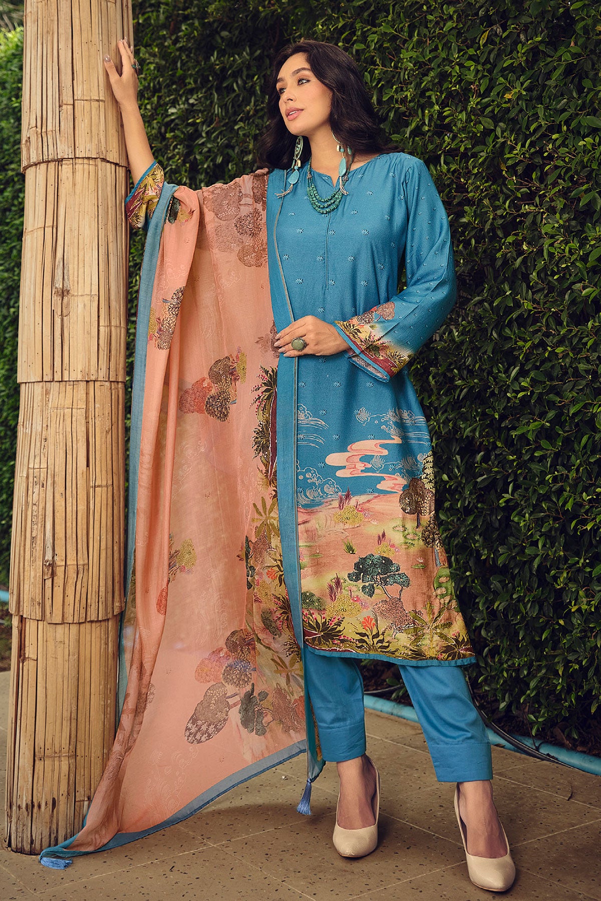 Firozi Muslin Silk Digital Printed Embroidered Unstitched Suit