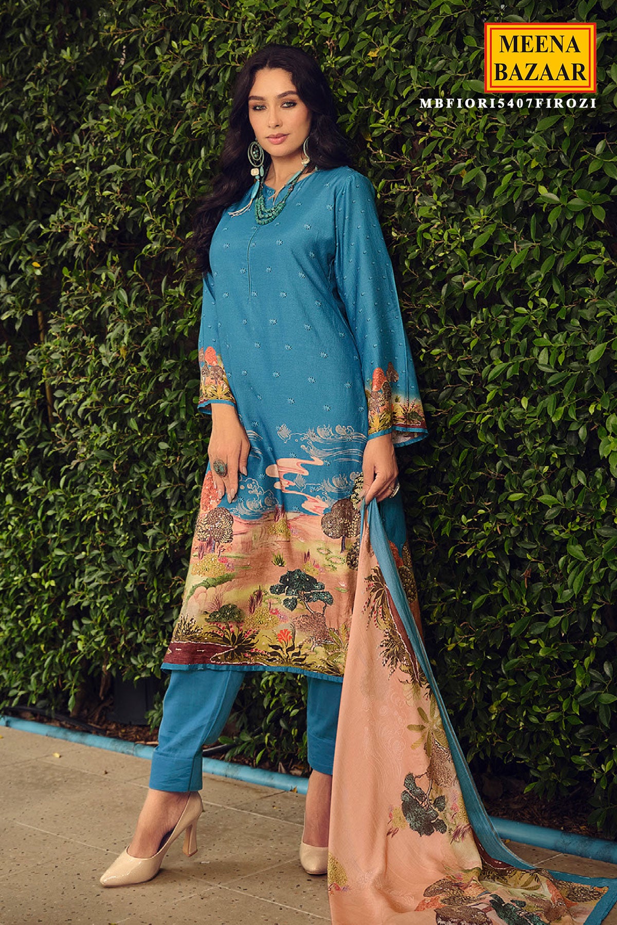 Firozi Muslin Silk Digital Printed Embroidered Unstitched Suit