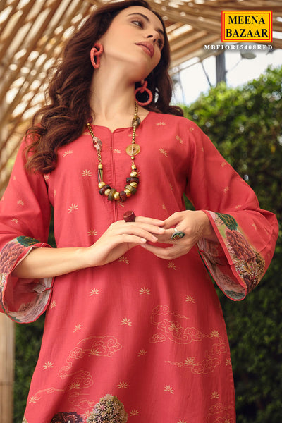 Red Muslin Silk Digital Printed Embroidered Unstitched Suit