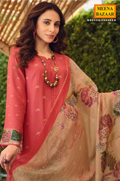 Red Muslin Silk Digital Printed Embroidered Unstitched Suit