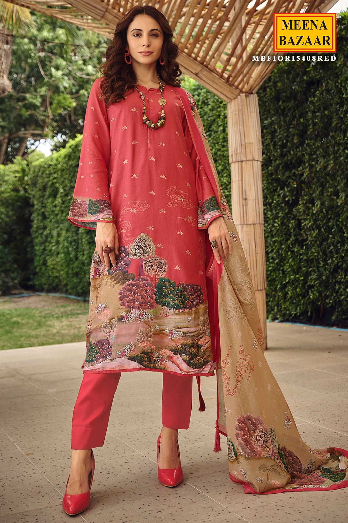 Red Muslin Silk Digital Printed Embroidered Unstitched Suit