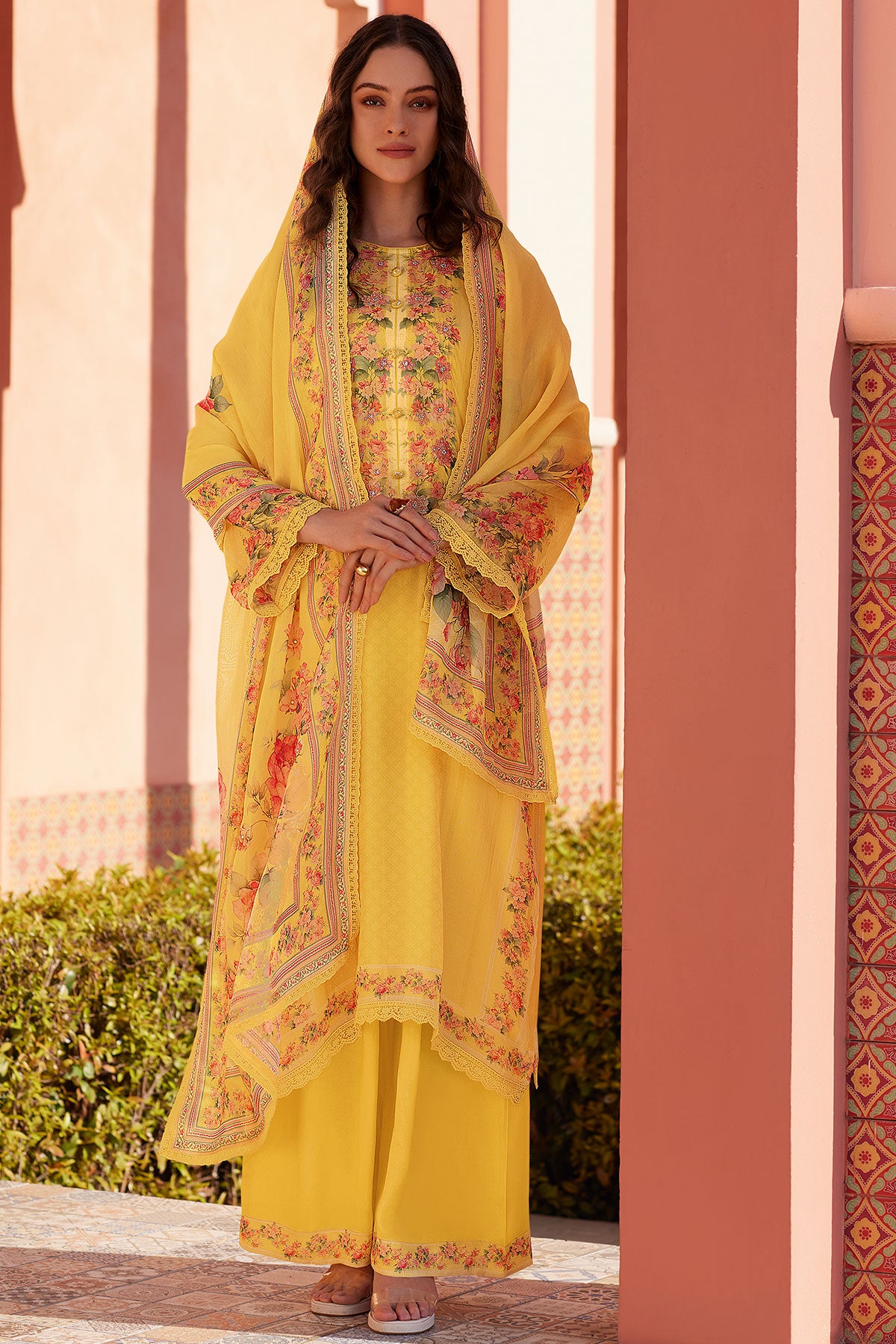 Mustard Organza Floral Printed Unstitched Suit Set