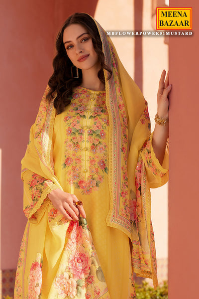 Mustard Organza Floral Printed Unstitched Suit Set