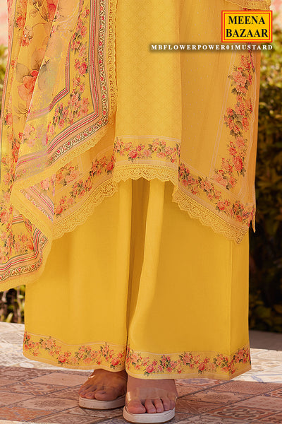 Mustard Organza Floral Printed Unstitched Suit Set