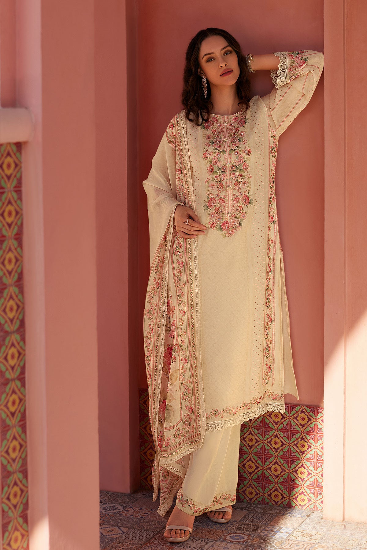 Cream Organza Floral Printed Unstitched Suit Set