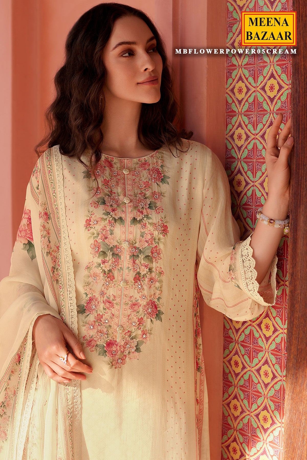 Cream Organza Floral Printed Unstitched Suit Set