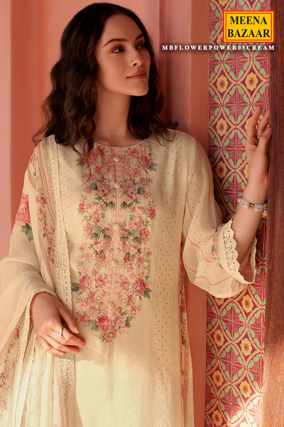 Cream Organza Floral Printed Unstitched Suit Set