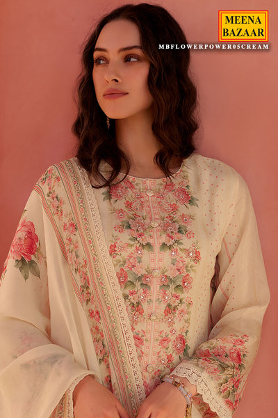 Cream Organza Floral Printed Unstitched Suit Set