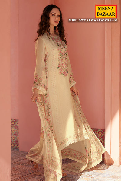 Cream Organza Floral Printed Unstitched Suit Set