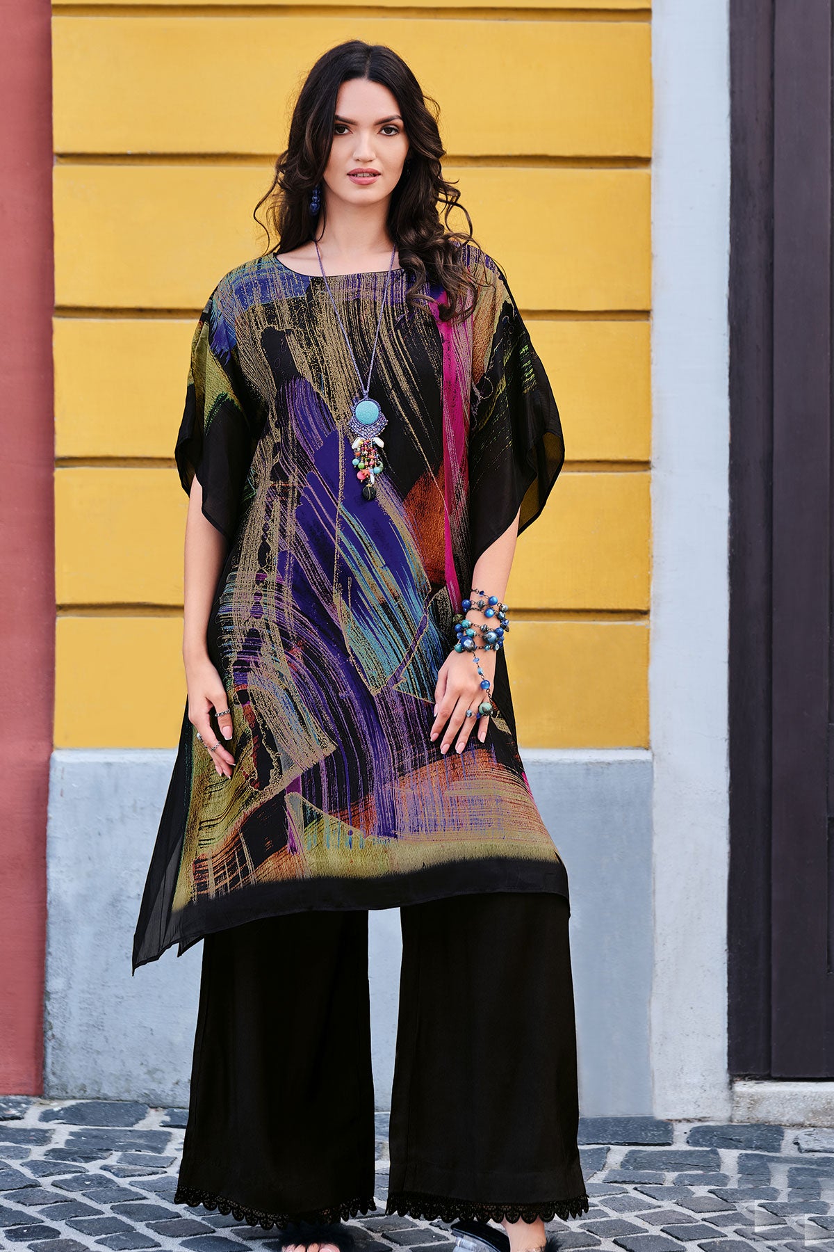 Black Crepe Printed Kaftan Kurti Palazzo Set