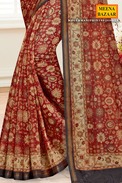 Red Cotton Floral Printed Saree with Tassels