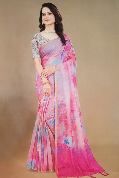 Mauve Cotton Abstract Printed Saree with Tassels