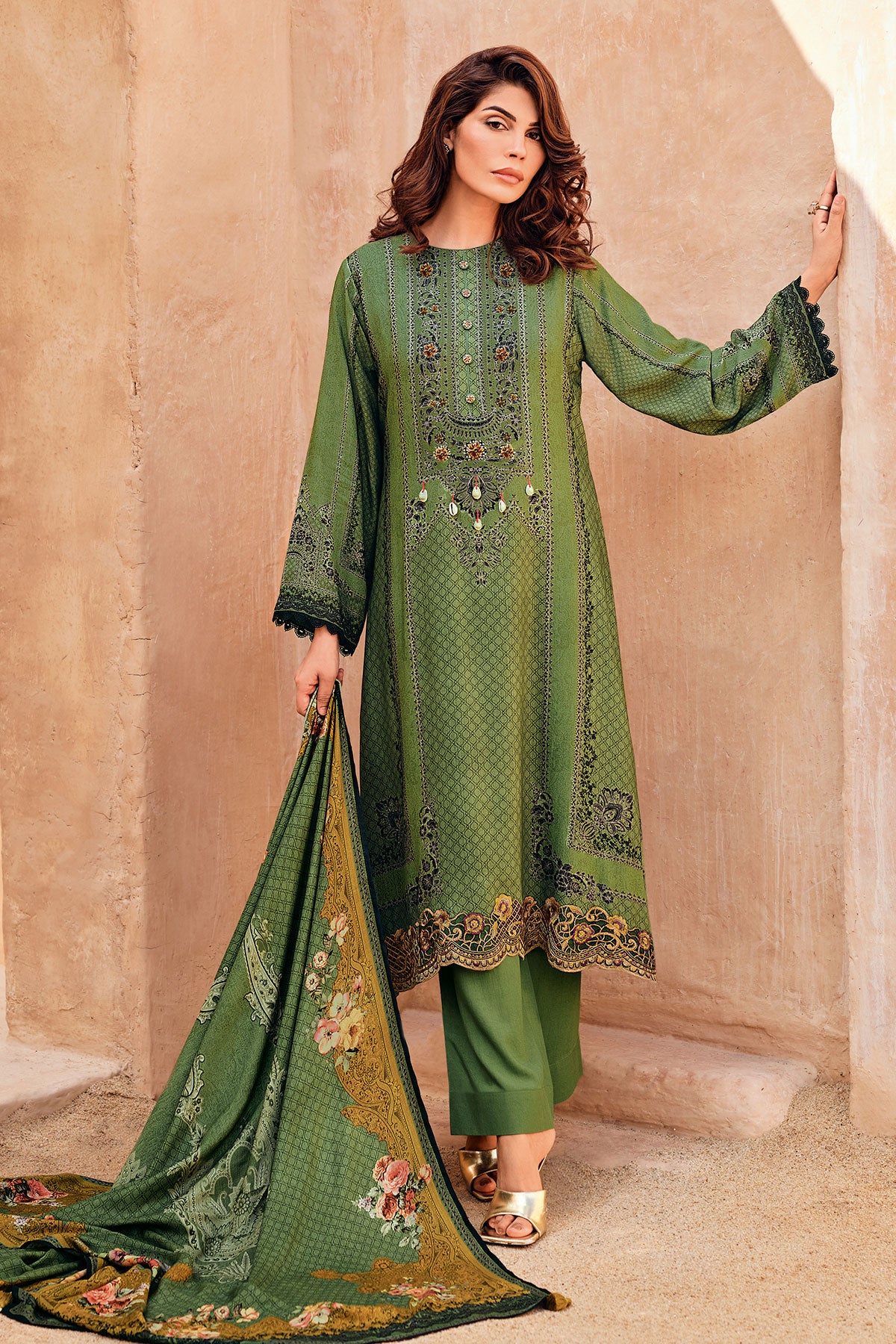 Green Viscose Muslin Printed Unstitched Suit Set