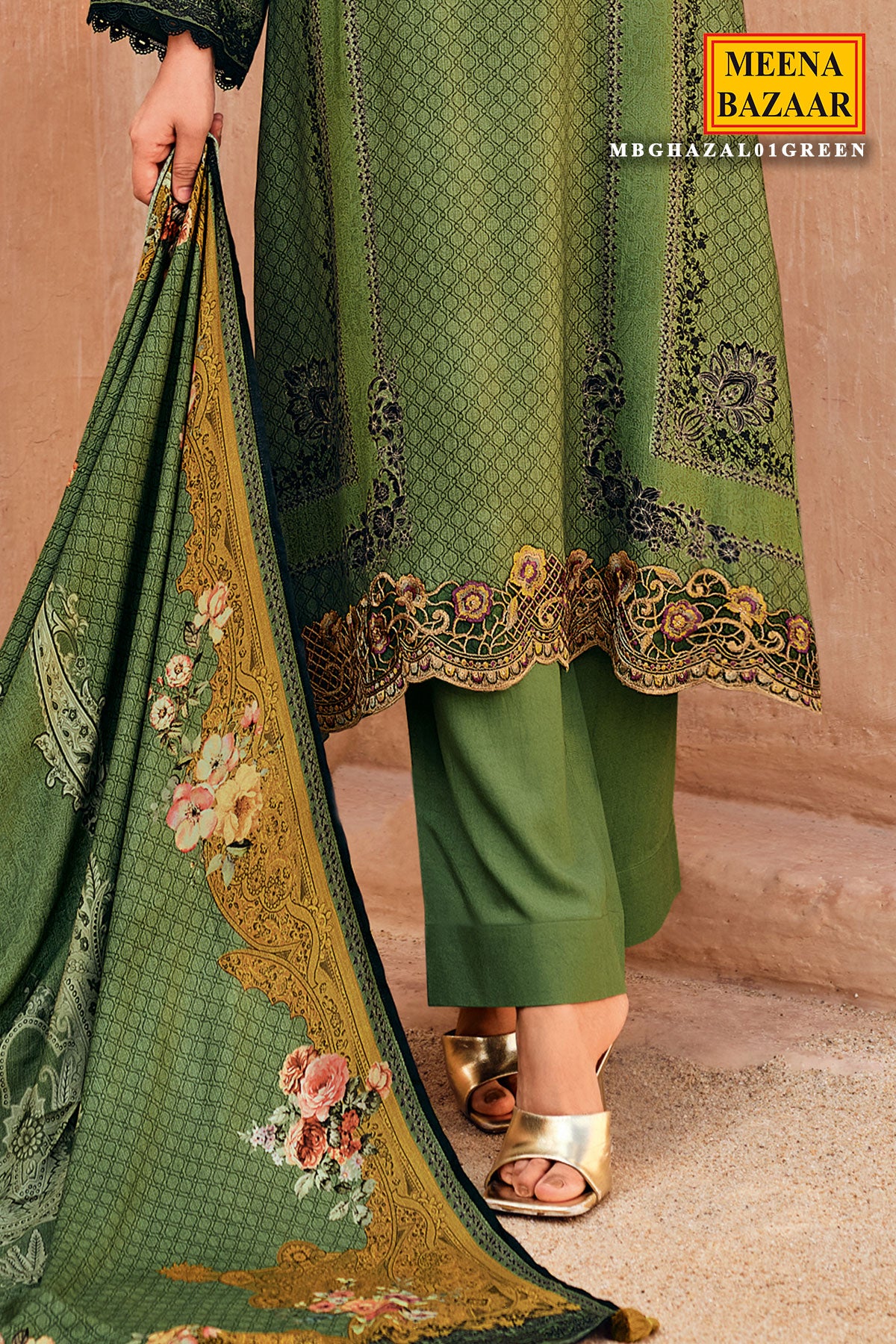 Green Viscose Muslin Printed Unstitched Suit Set