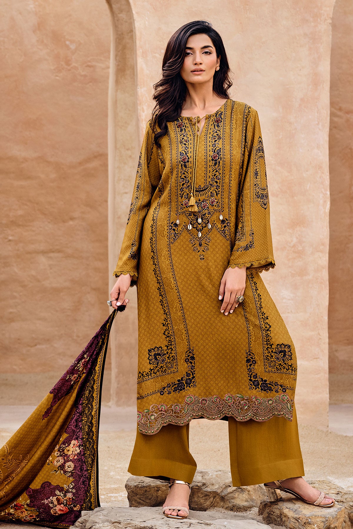 Mustard Viscose Muslin Printed Unstitched Suit Set