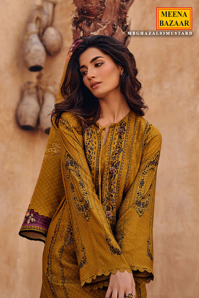 Mustard Viscose Muslin Printed Unstitched Suit Set