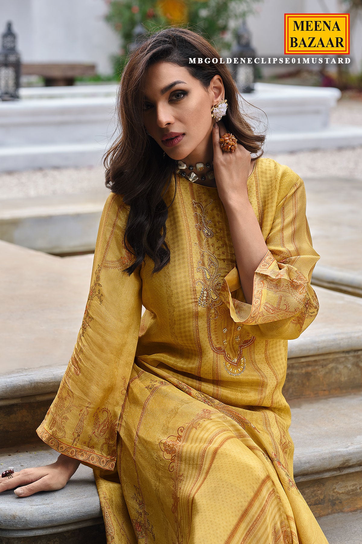 Mustard Tissue Sequin and Zari Embroidered Unstitched Suit Set