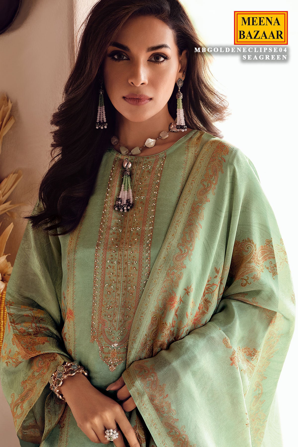 Sea Green Tissue Sequin and Zari Embroidered Unstitched Suit Set