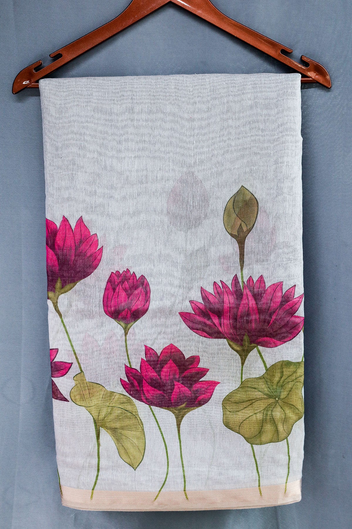 Grey Cotton Floral Printed With Zari Woven Saree