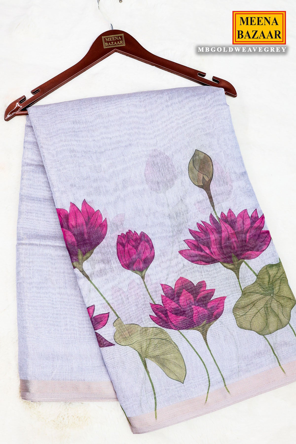 Grey Cotton Floral Printed With Zari Woven Saree