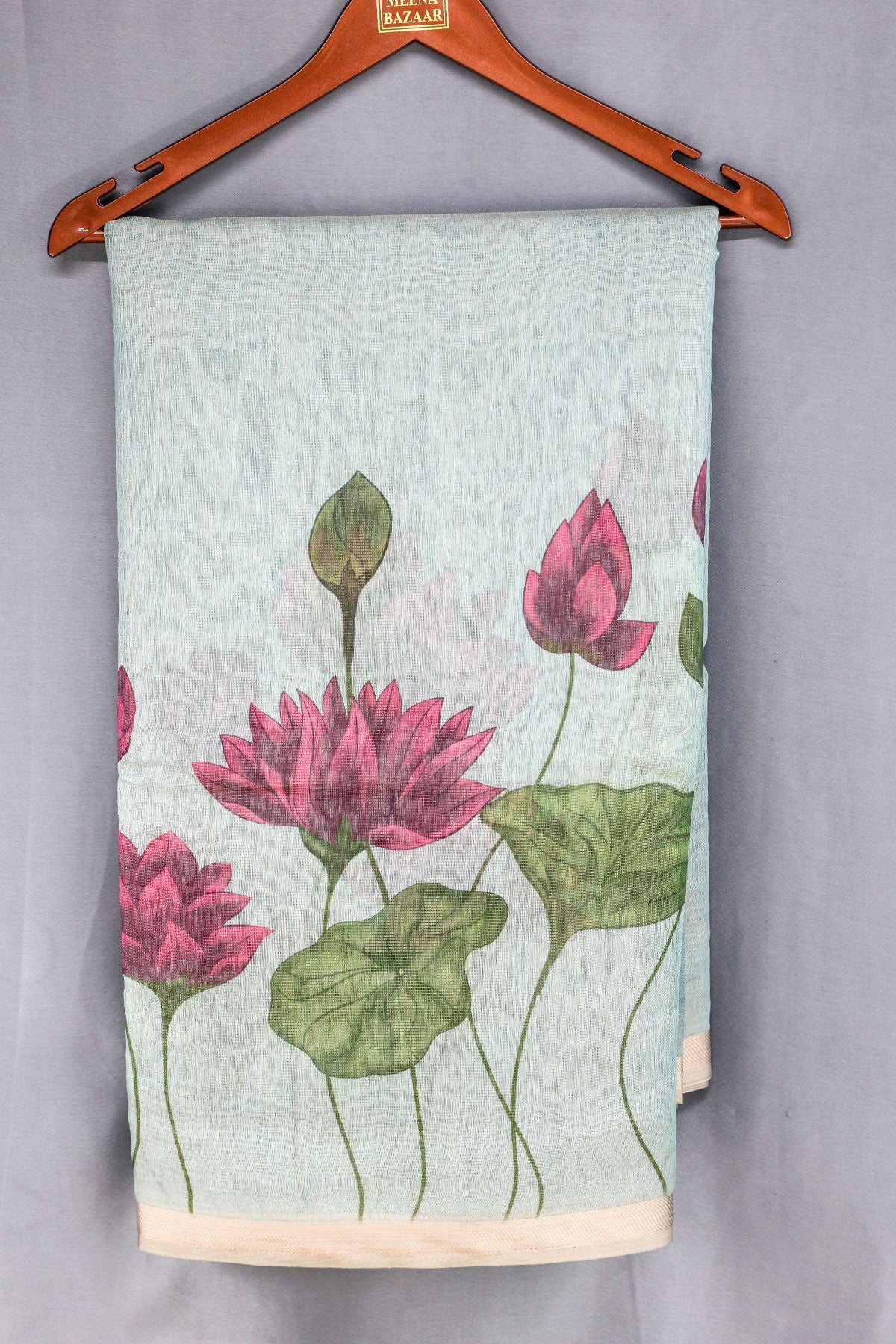 Sea Green Cotton Floral Printed With Zari Woven Saree