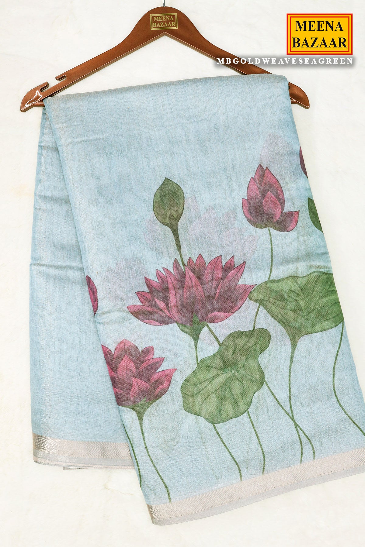 Sea Green Cotton Floral Printed With Zari Woven Saree