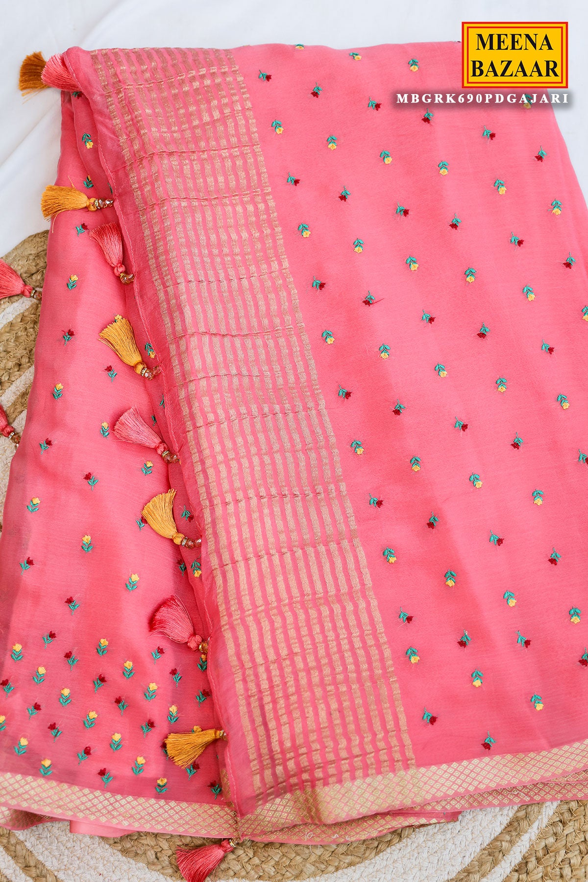 Gajri Chiffon Saree with Thread Embroidery – Elegant Festive & Party Wear