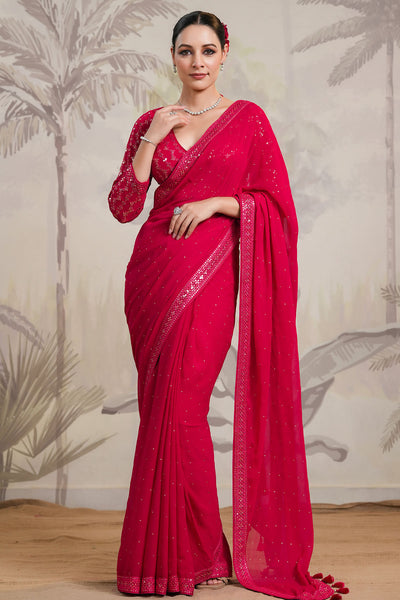 Rani Pink Georgette Sequins Embroidered Saree