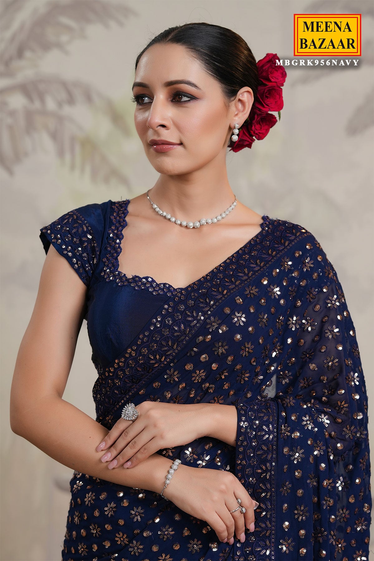 Navy Georgette Floral Sequins Embroidered Saree