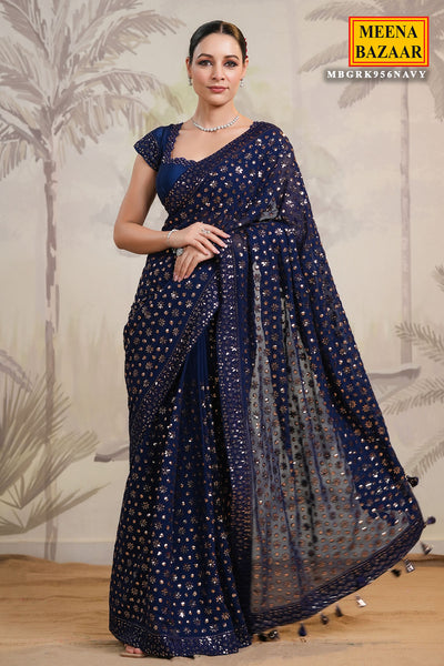 Navy Georgette Floral Sequins Embroidered Saree