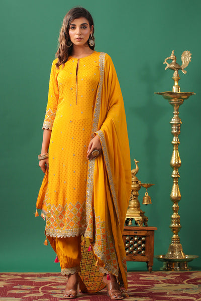 Mustard Jaquard Crepe Zari Thread and Sequins Embroidered Suit Set